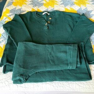 Free People Green Waffle Knit Lounge Set, heavyweight worn and washed x1